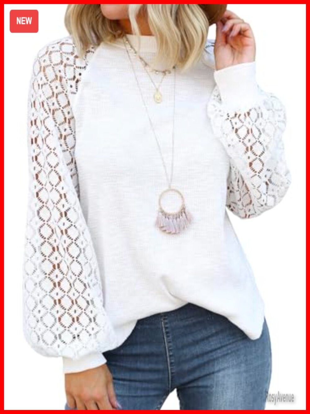 Womens Lace Long Sleeve Waffle Knit Blouse Loose Fit Casual Top